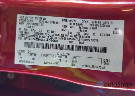 2020 Ford Ranger Xlt from USA, damaged, VIN 1FTER4EH0LLA56069